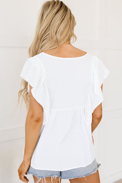 White Floral Embroidered Ruffled Lace-up V Neck Top