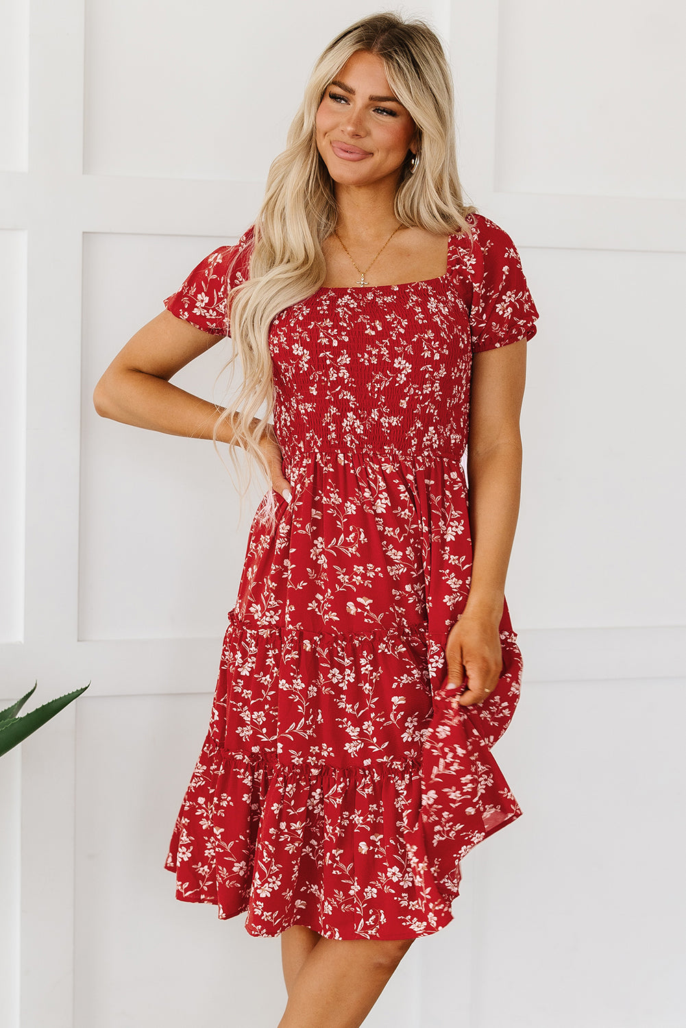 Red Boho Flower Smocked Square Neck Tiered Midi Floral Dress