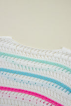 White Striped Hollowed Crochet Loose Fit Sweater