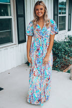 Green Wrap V Neck Floral Maxi Dress