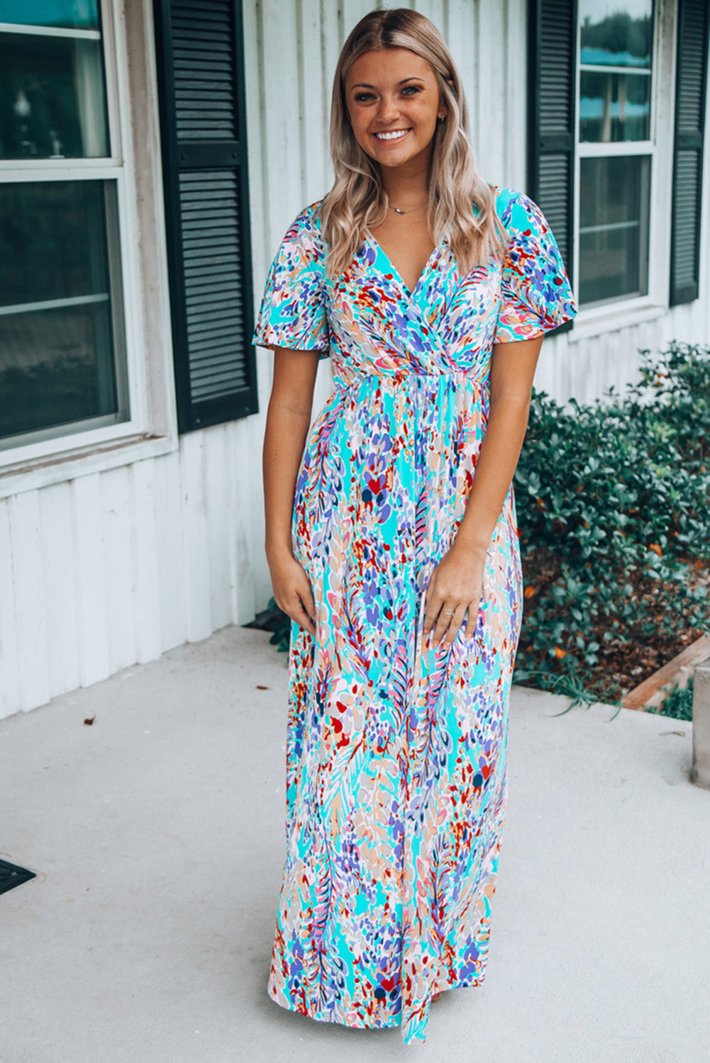 Green Wrap V Neck Floral Maxi Dress
