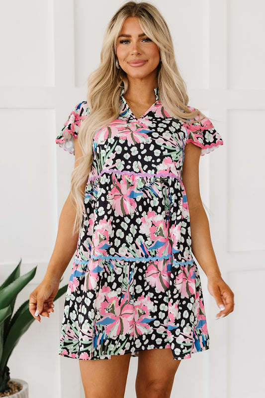 Pink Floral Ricrac Embellished Tiered Mini Dress