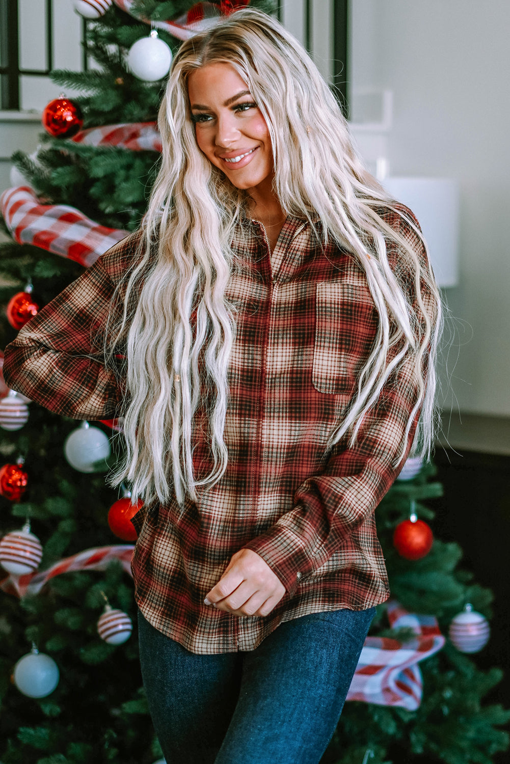 Fiery Red Plaid Zip Up Chest Pocket Shacket