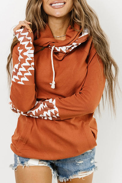 Pink Aztec Print Patchwork Thumb Hole Hoodie