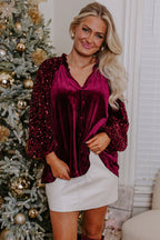 Evergreen Sequin Patchwork Sleeve Button Up Velvet Top