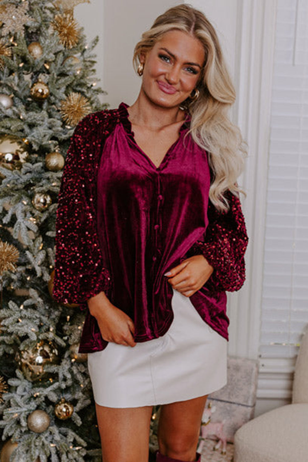 Evergreen Sequin Patchwork Sleeve Button Up Velvet Top