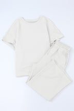 Gray Textured Loose Fit T Shirt and Drawstring Pants Set