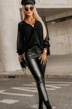 Black Waffled Knit Lace Long Sleeve Buttoned Cardigan