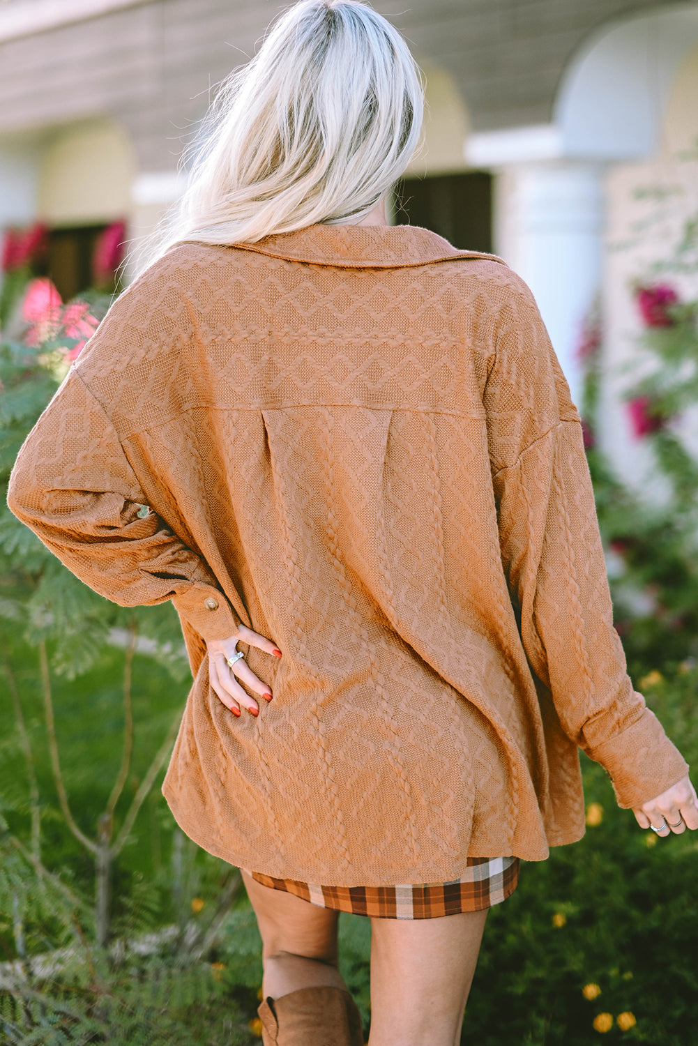 Camel Cable Knit Flap Pocket Shacket