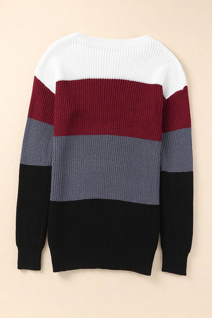Color Block Knitted O-neck Pullover Sweater