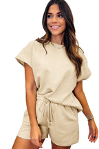 Gray 2pcs Solid Textured Drawstring Shorts Set