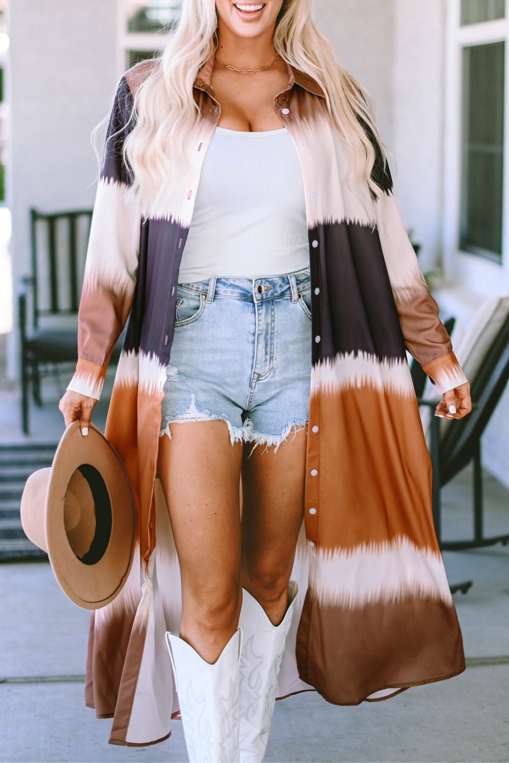 Multicolor Tie Dye Colorblock Button Down Maxi Kimono