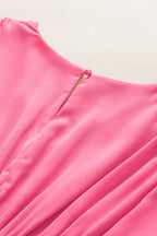 Strawberry Pink Ruched Sleeve V Neck Smock Waist Tiered Ruffled Dress