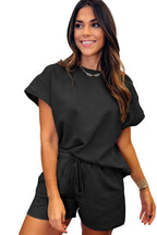 Gray 2pcs Solid Textured Drawstring Shorts Set