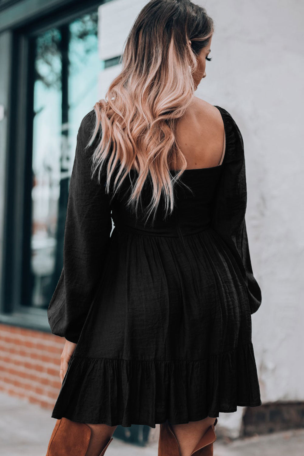 Green Ruched Square Neck Puff Sleeve Mini Dress