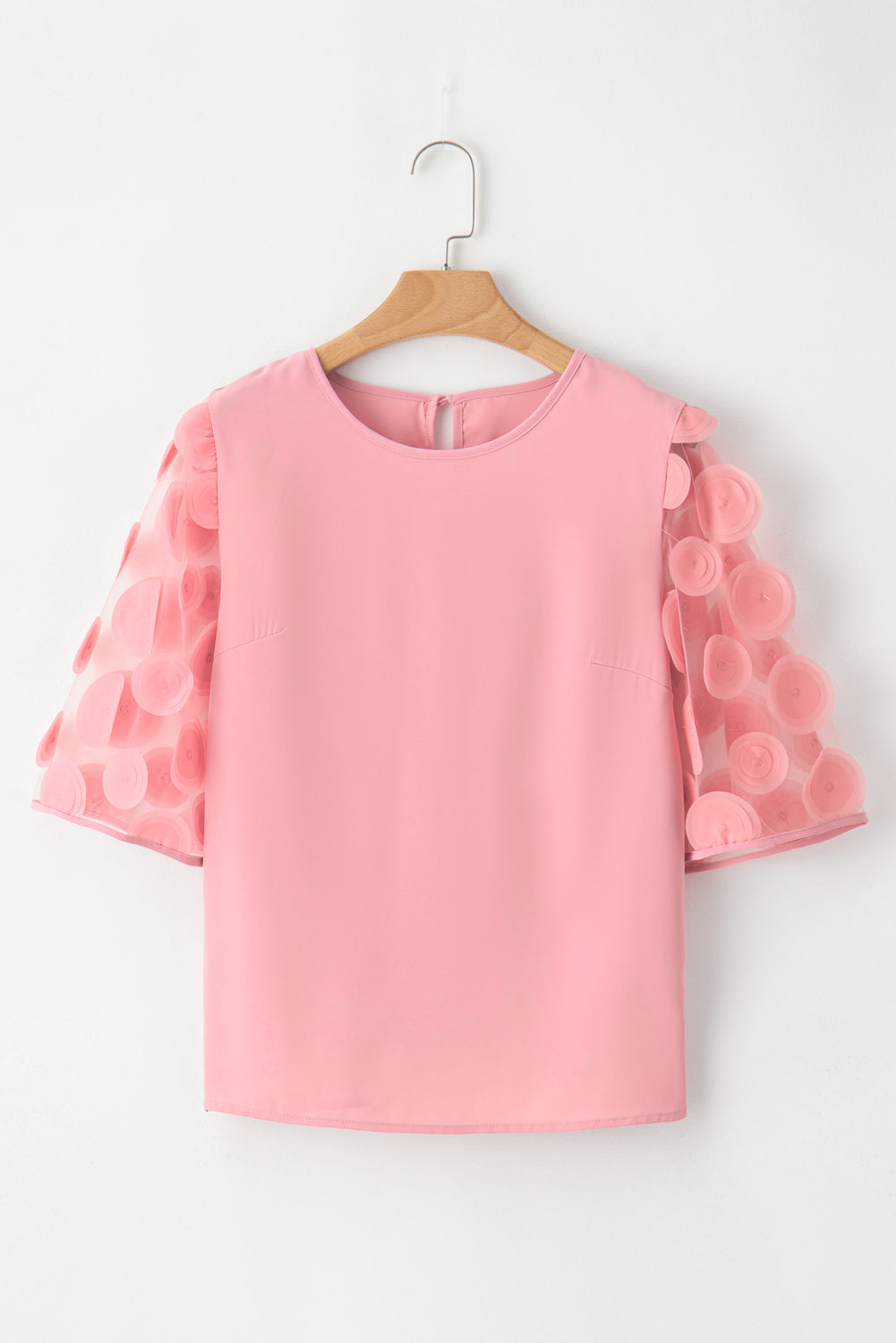 Dusty Pink Contrast Applique Mesh Half Sleeve Blouse