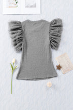Black Dotty Mesh Ruffle Sleeve Ribbed Knit Top