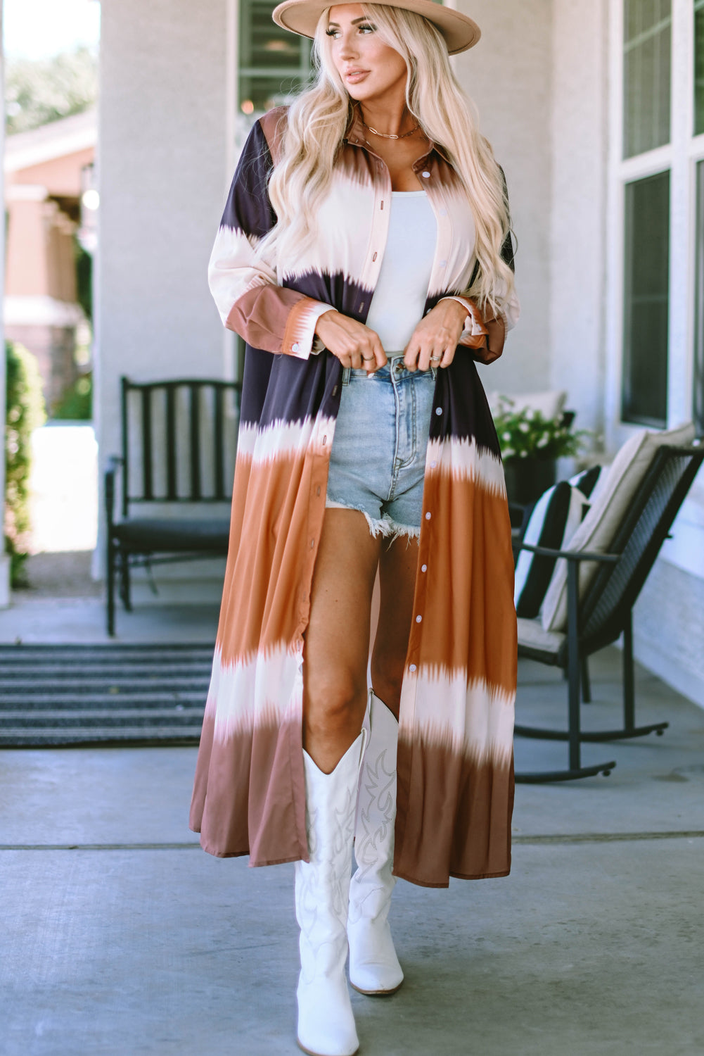 Multicolor Tie Dye Colorblock Button Down Maxi Kimono