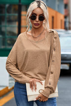 Khaki Solid Color Button Decor Dolman Sleeve Top
