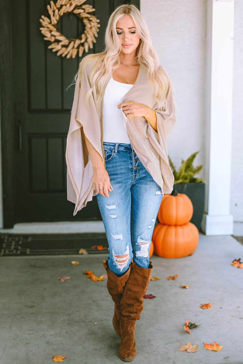 Apricot Lace Trim Ribbed Oversize Kimono