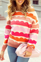 Rose Red Wave Striped Balloon Sleeve Drop Shoulder Sweater