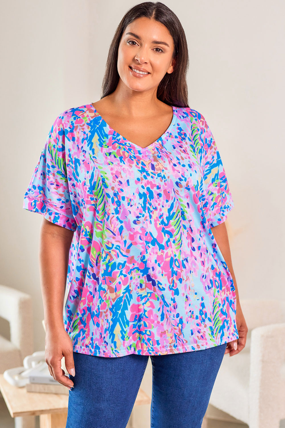 Sky Blue Loose Painted Floral Tee