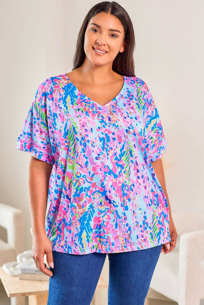 Sky Blue Loose Painted Floral Tee