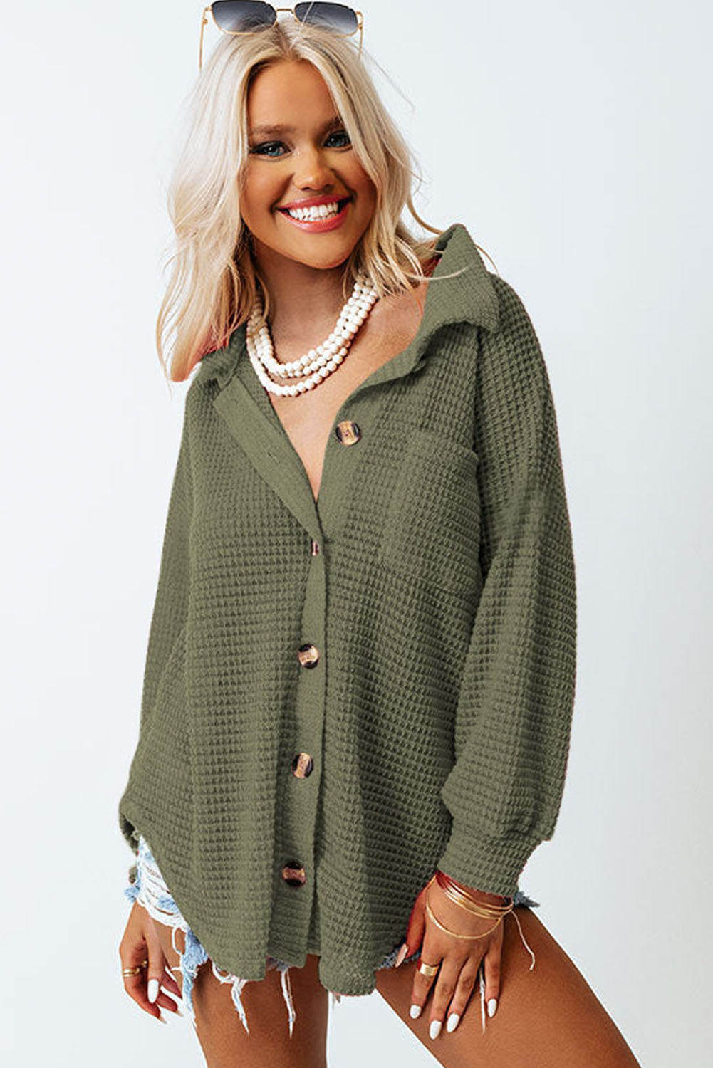 Pink Waffle Knit Button Up Casual Shirt