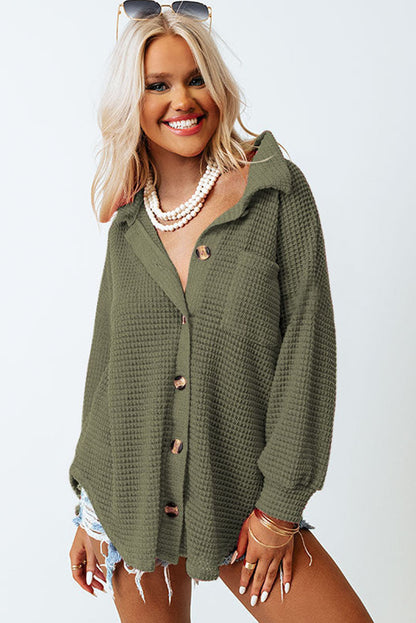 Pink Waffle Knit Button Up Casual Shirt