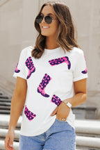 White Sequin Western Boots Round Neck T Shirt