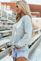 Gray Rugby Football Bowknot Graphic Game Day O Neck Sweatshirt