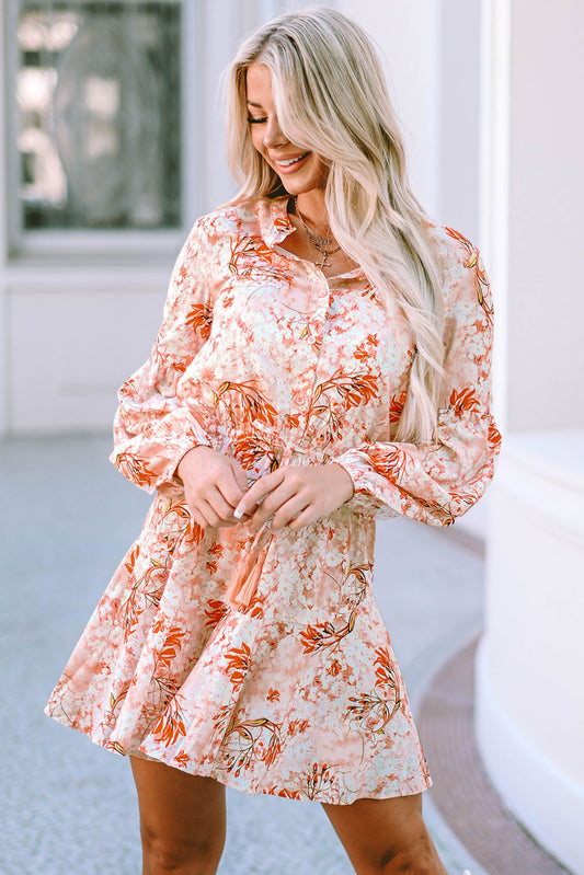 Orange Bubble Sleeve Cinched Waist Floral Dress