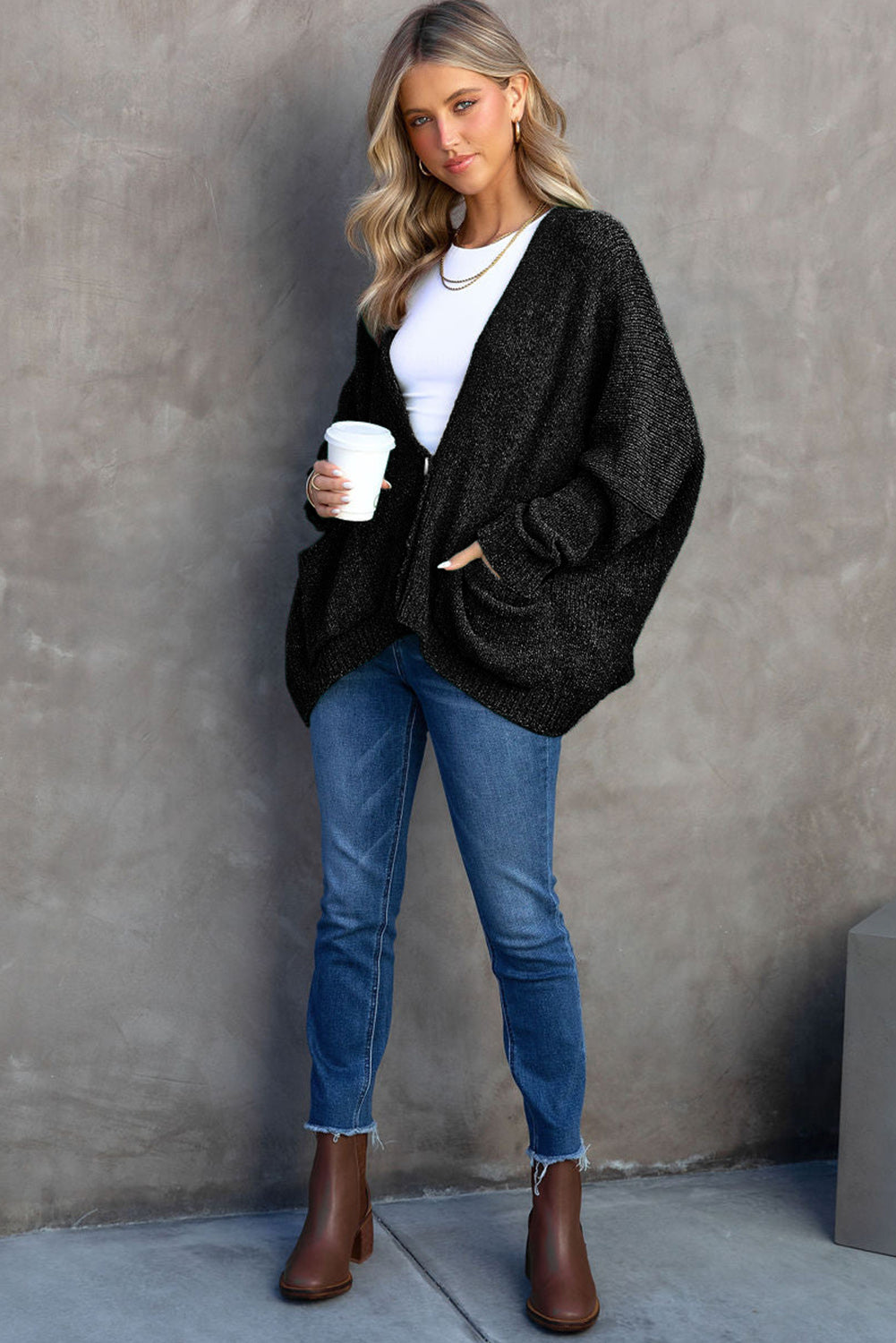 Gray Buttons Front Pocketed Sweater Cardigan