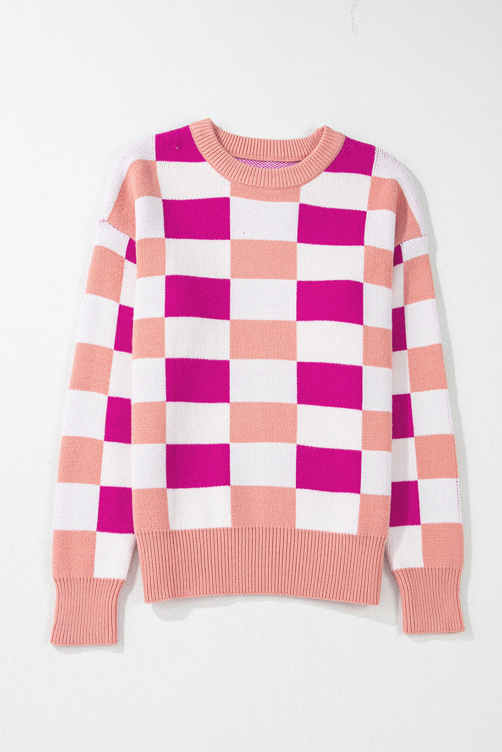 Khaki Checkered Ribbed Edge O Neck Drop Shoulder Sweater