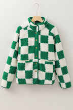 Brown Checked Snap Button Sherpa Jacket