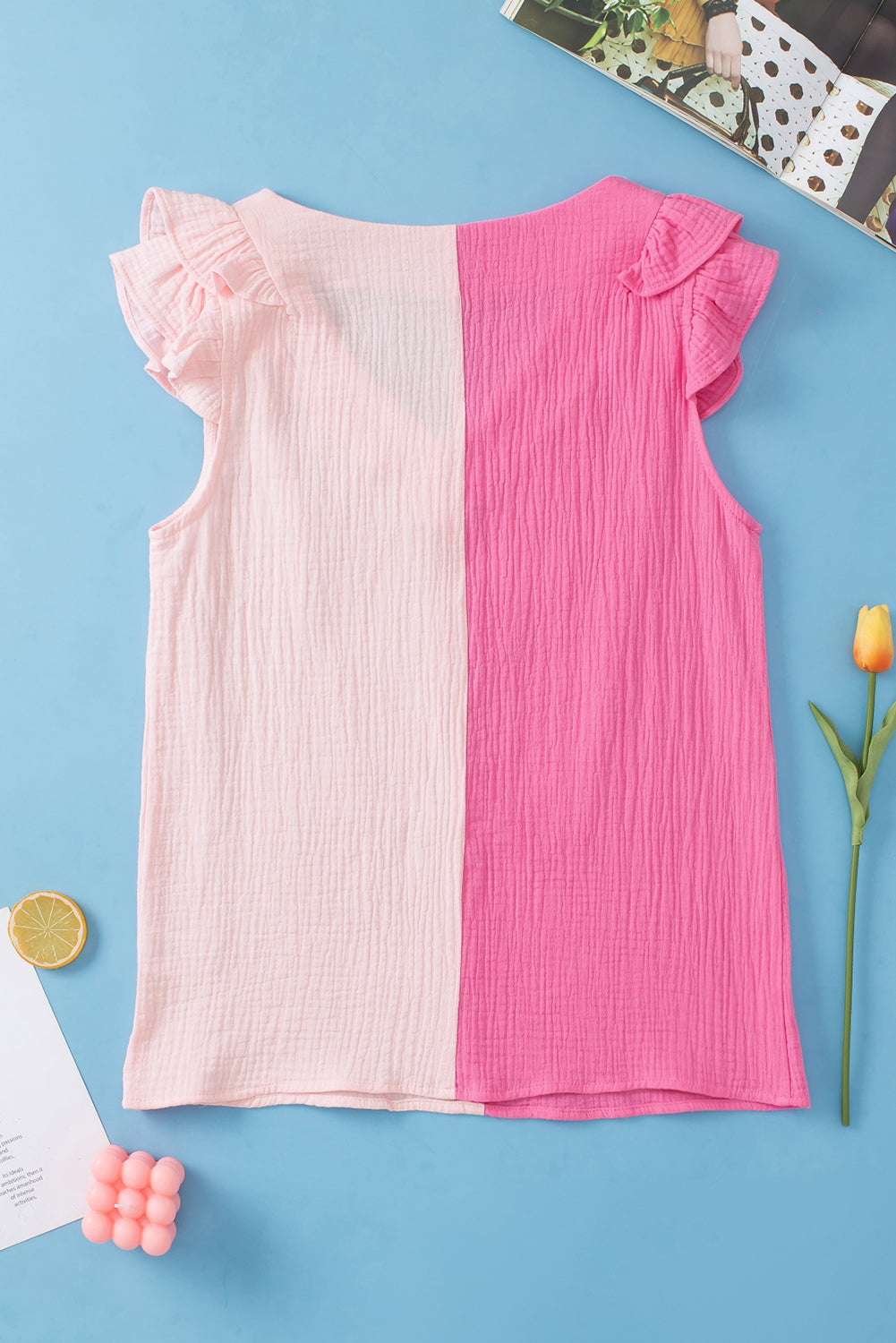 Pink Textured Color Block Tiered Ruffled Sleeve Blouse