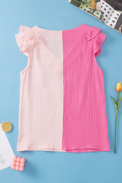 Pink Textured Color Block Tiered Ruffled Sleeve Blouse