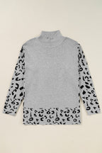 Khaki Leopard High Neck Side Slit Oversized Sweater