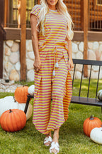 Yellow Stripe Rainbow Tee Tasseled String Wide Leg Pants Set