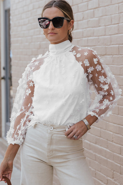 Mock Neck Floral Mesh Long Sleeve Top