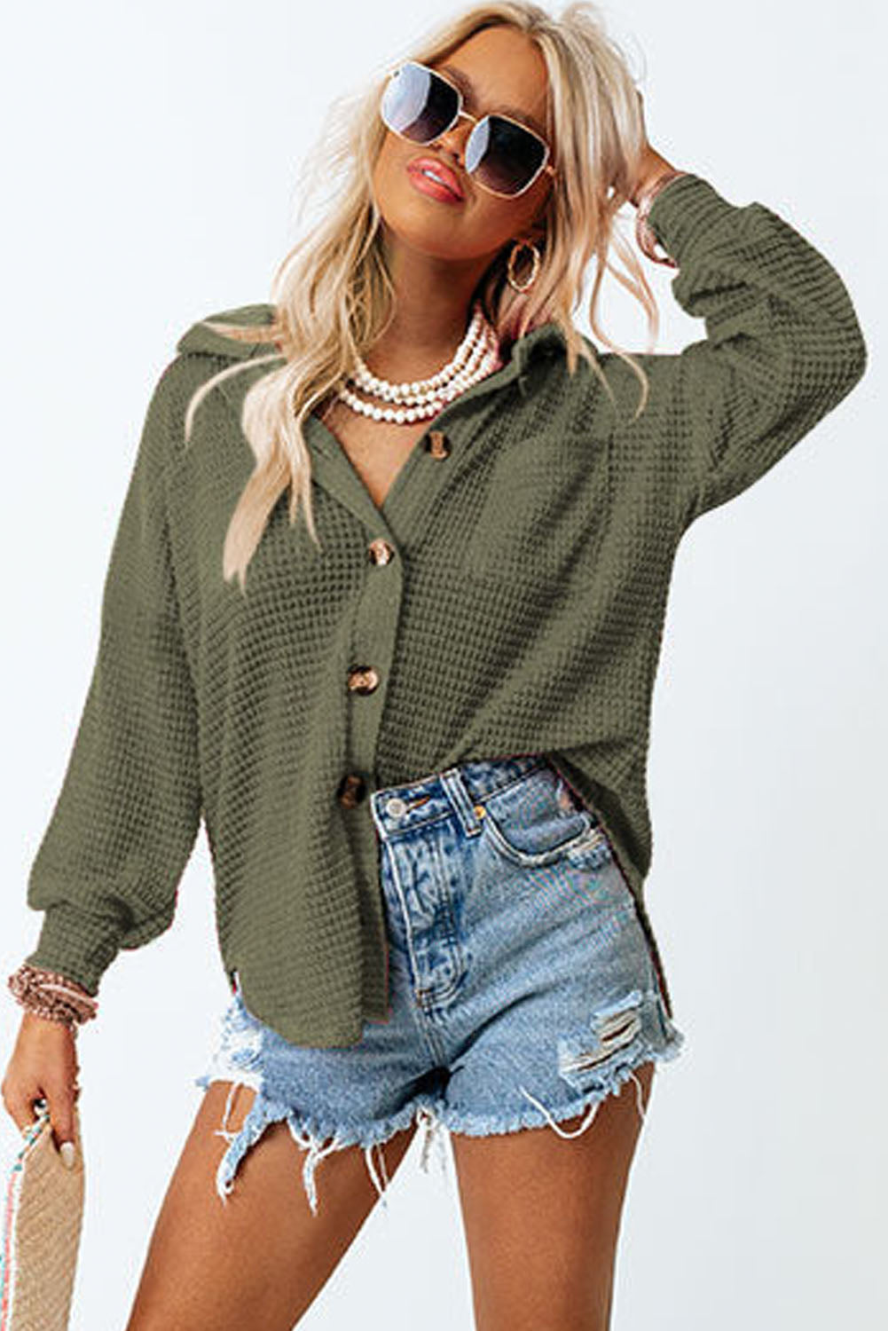 Pink Waffle Knit Button Up Casual Shirt