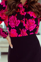 Rose Floral Shirred Cuffs Long Sleeve Shirt