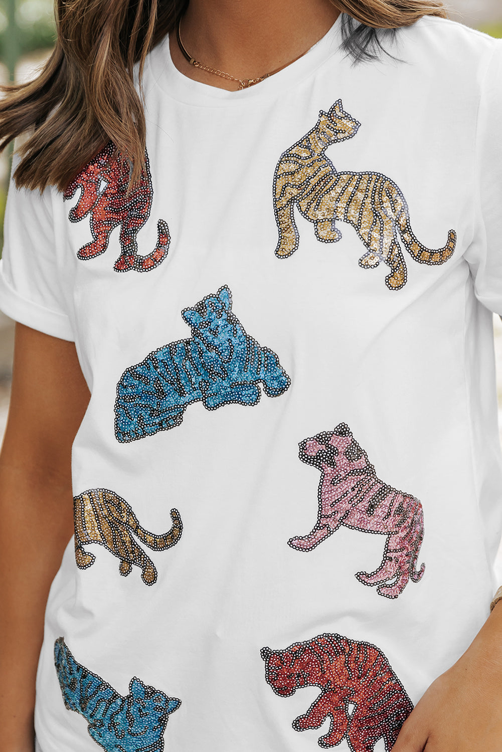 White Shiny Tiger Patch Graphic Summer T-shirt