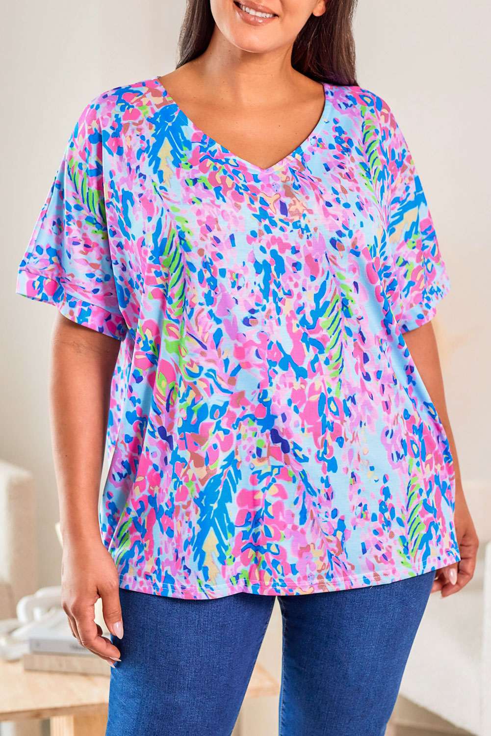 Sky Blue Loose Painted Floral Tee