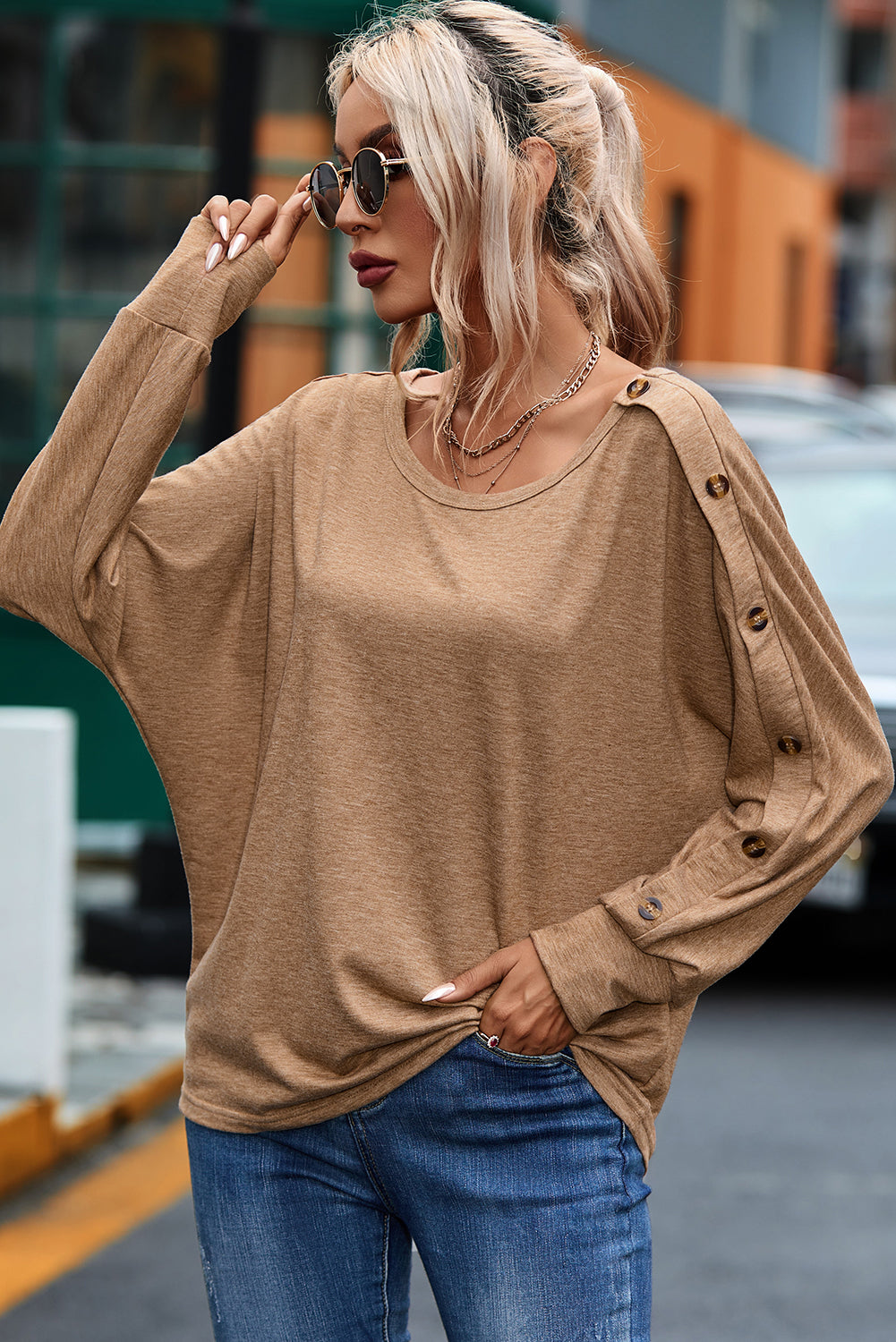 Khaki Solid Color Button Decor Dolman Sleeve Top