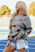 Medium Grey Sequin Rugby Pattern Drop Shoulder Pullover Sweatshirt