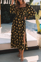 Black Floral Tie Square Neck Puff Sleeve Slit Dress