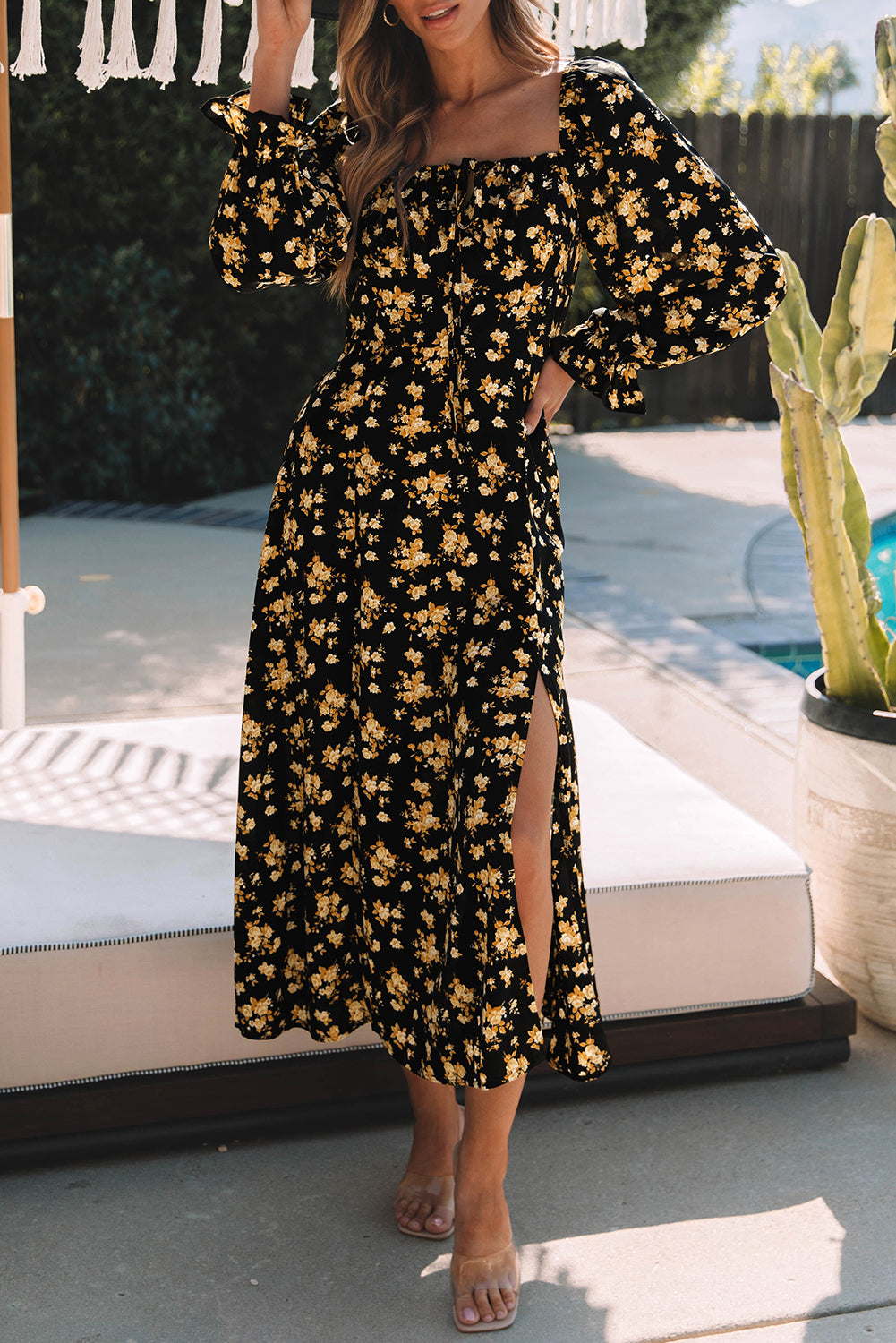 Black Floral Tie Square Neck Puff Sleeve Slit Dress