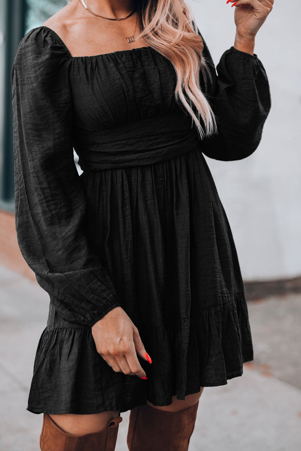 Green Ruched Square Neck Puff Sleeve Mini Dress