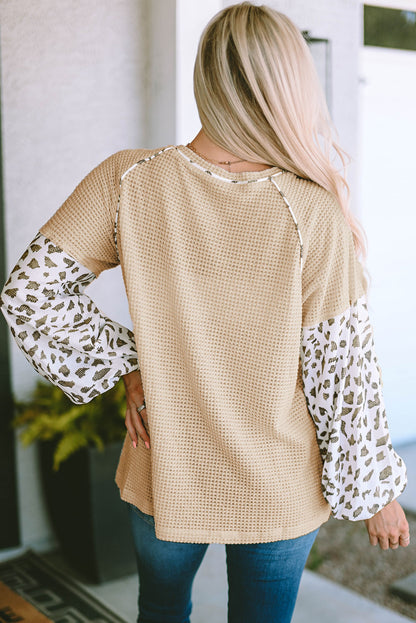 Apricot Leopard Print Patchwork Lantern Sleeve Waffle Knit Top